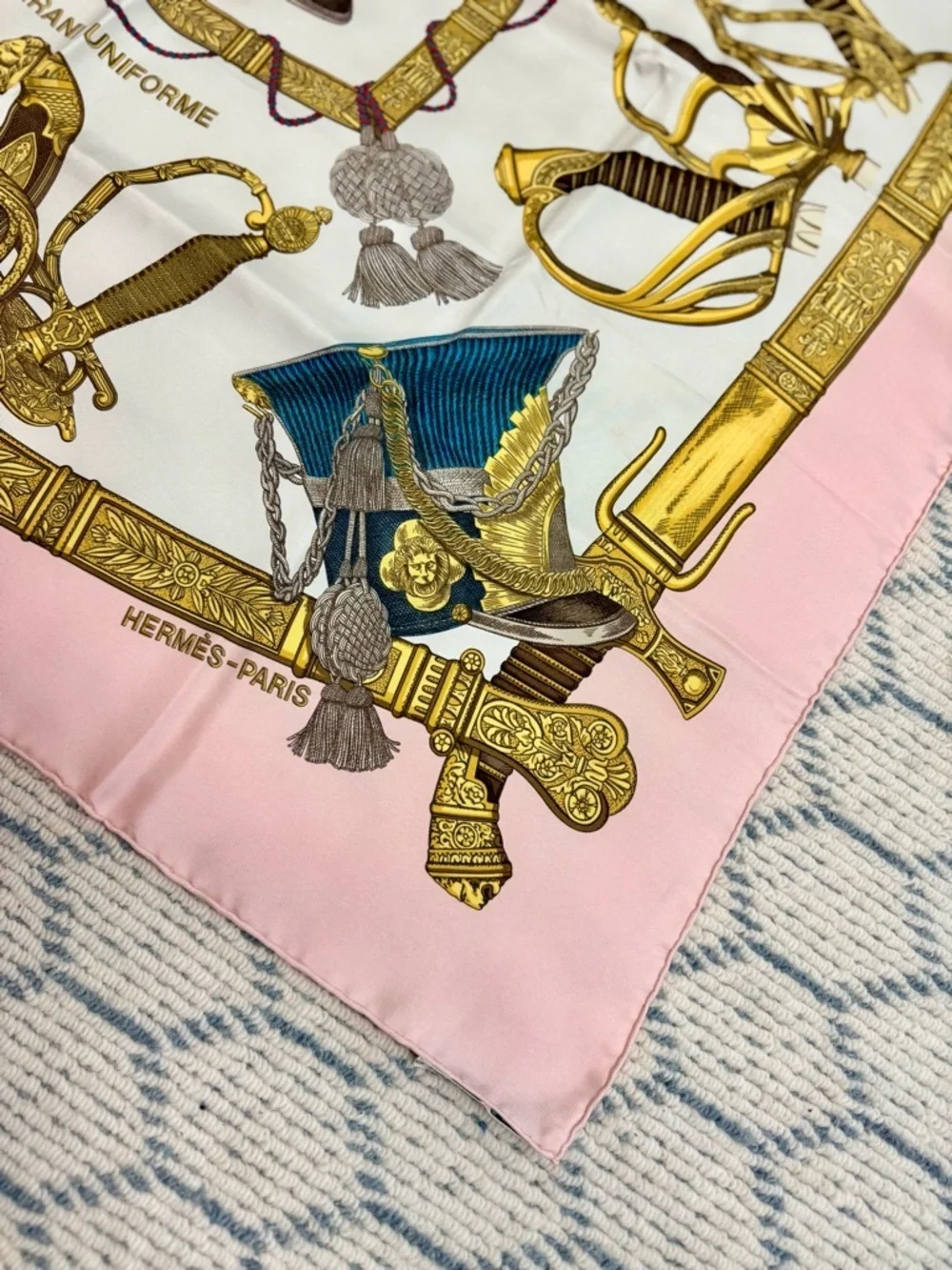 HERMES Vintage Rare Collectors Carre 90 “Grand Uniforme” 100% Silk Pink Scarf - Picture 5 of 15